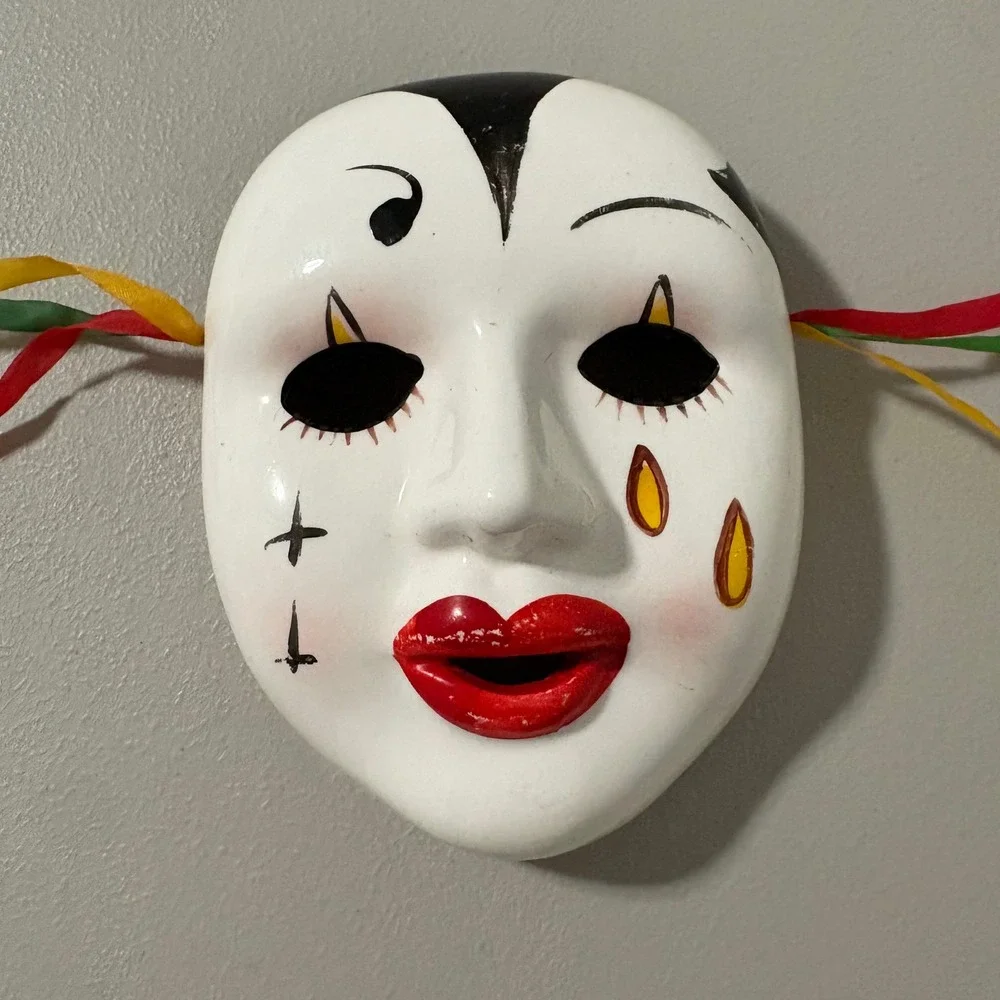 Hand Painted Ceramic‎ Clown Mask Decorative Wall Hanging Red Lips Tears Ribbons